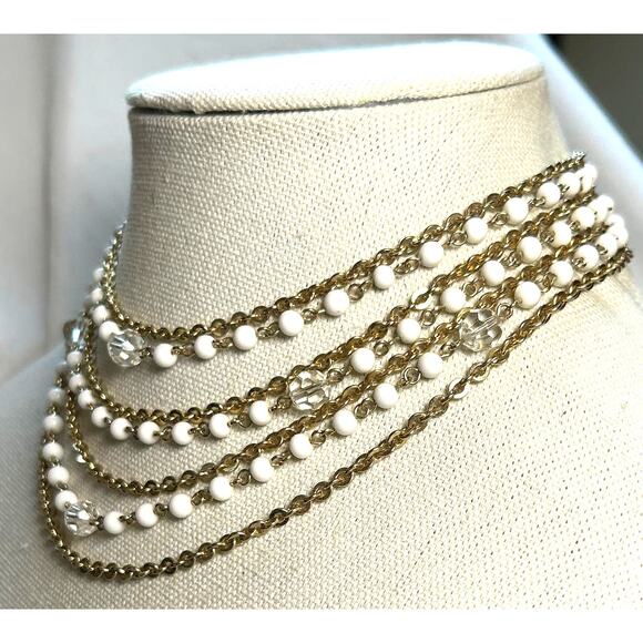 Vintage Lisner Multistrand Necklace Gold Tone White Clear Lucite Beads 1950s-60s - Picture 1 of 10